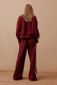 Gigi Wide Leg Terry Trackpant -Burgundy Side Stripe