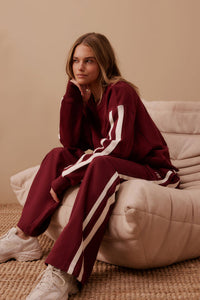 Gigi Wide Leg Terry Trackpant -Burgundy Side Stripe
