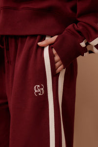 Gigi Wide Leg Terry Trackpant -Burgundy Side Stripe