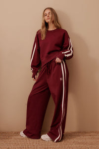 Gigi Wide Leg Terry Trackpant -Burgundy Side Stripe