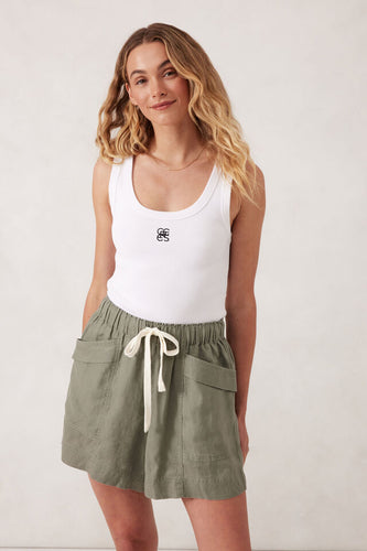 Panelled Pull On Short - Khaki Linen