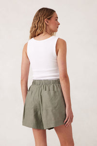 Panelled Pull On Short - Khaki Linen