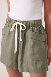 Panelled Pull On Short - Khaki Linen