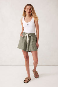 Panelled Pull On Short - Khaki Linen