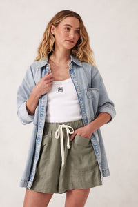 Panelled Pull On Short - Khaki Linen