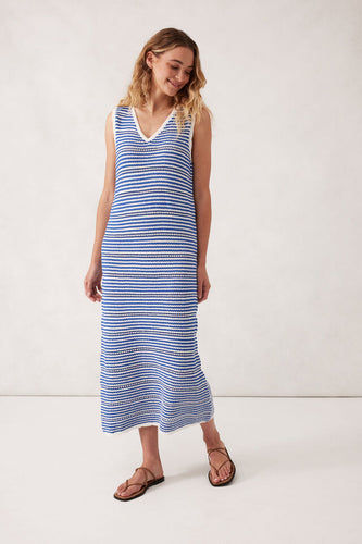 Textured Knit Midi Tank Dress -Summer Blue Stripe