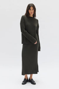 Wool Cashmere Rib Long Sleeve Top  - Dark Olive