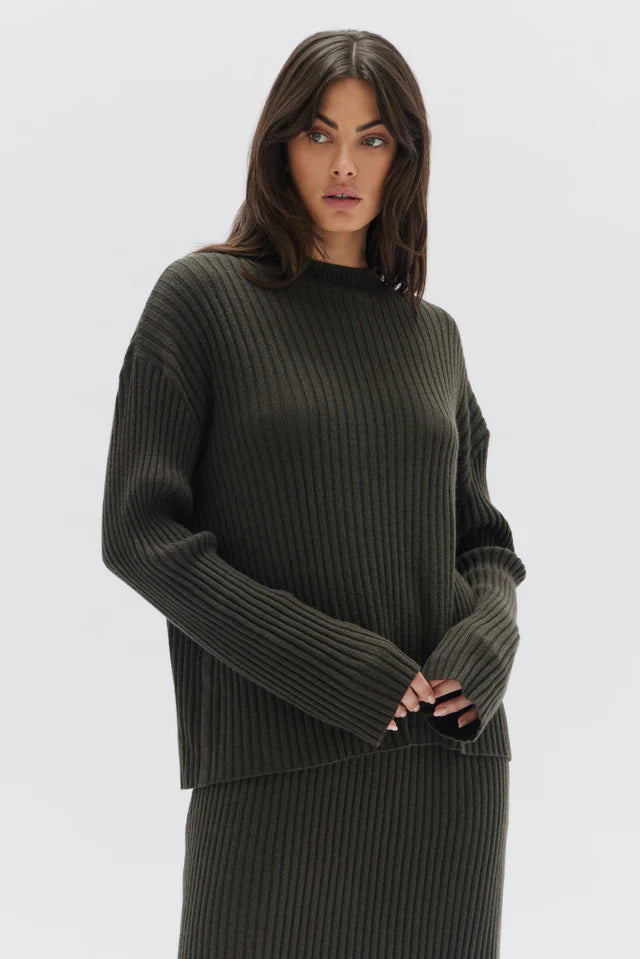 Wool Cashmere Rib Long Sleeve Top  - Dark Olive