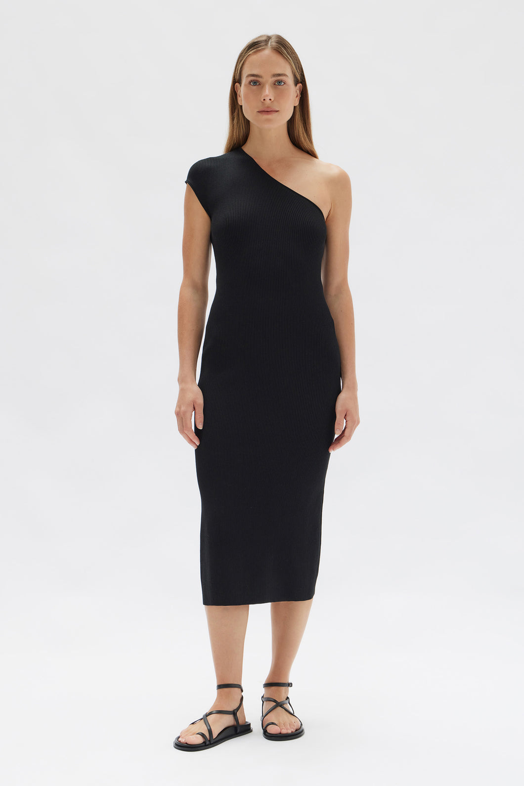 Elodie One Shoulder Knit Midi Dress - Black