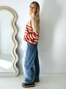 Lottie Stripe Sweater Camel/Red