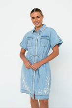 Simone Dress - 70's Blue - Floral Embroidery