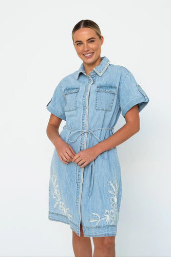 Simone Dress - 70's Blue - Floral Embroidery