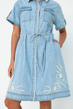 Simone Dress - 70's Blue - Floral Embroidery